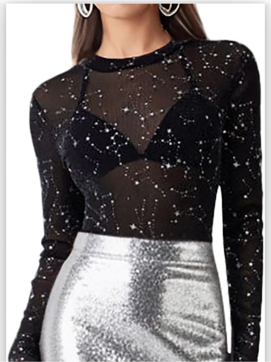 Tops - Sheer Black Star-Print Long Sleeve Top